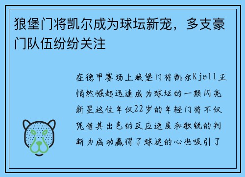 狼堡门将凯尔成为球坛新宠，多支豪门队伍纷纷关注