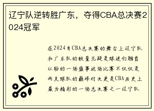 辽宁队逆转胜广东，夺得CBA总决赛2024冠军